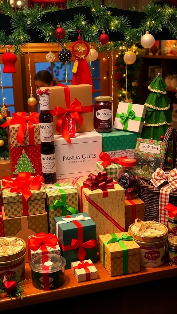Creative Christmas Gift Ideas for Everyone A collection of Christmas gifts including wrapped boxes, personalized items, and gourmet baskets, set in a festive holiday scene.